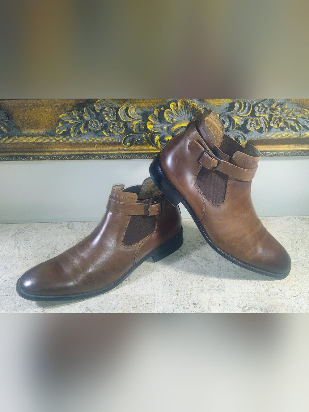 Kenneth Cole Brown Leather Roy Chelsea Boots with Side Buckle